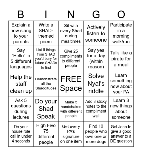 SHAD Bingo Card