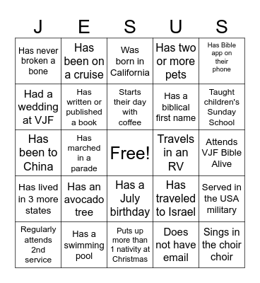 Ventura Jubilee Fellowship Bingo Card