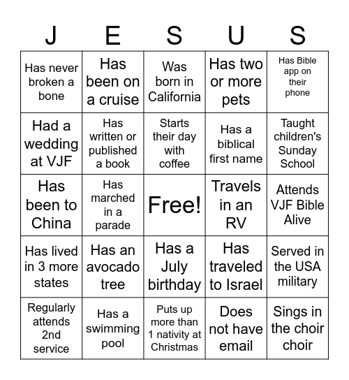 Ventura Jubilee Fellowship Bingo Card