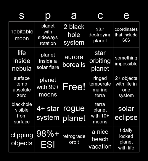 space card Bingo Card