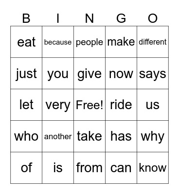 Sight Words #1 Bingo Card