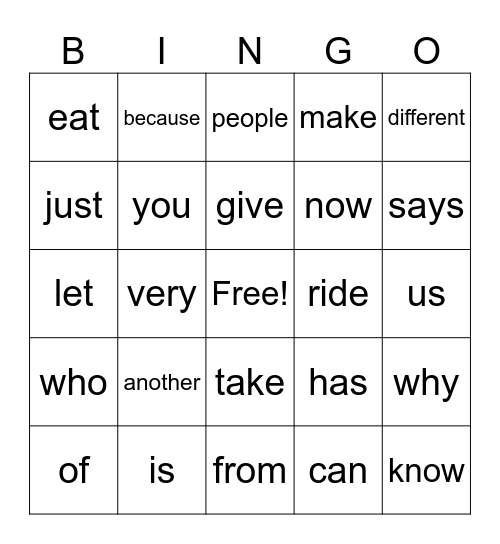 Sight Words #1 Bingo Card