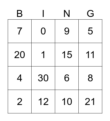 Number Bingo Card