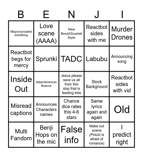 BENJIxScarlett Bingo Card