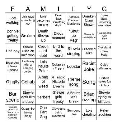 Family Guy Bingo Card