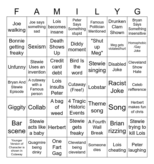 Family Guy Bingo Card