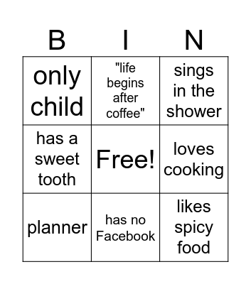 About Me Bingo Card