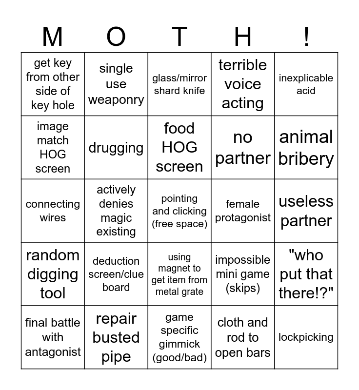 Hidden Object Games Bingo Card