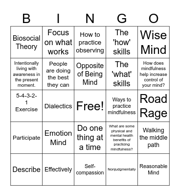 Mindfulness Review Bingo Card