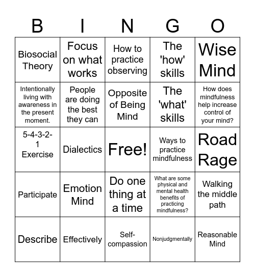 Mindfulness Review Bingo Card