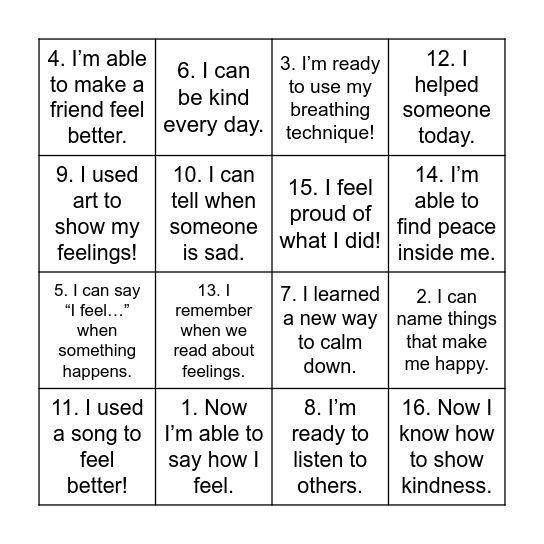 wellbeing Bingo Card