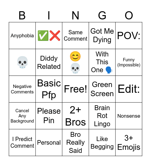 YT Shorts Bingo Card