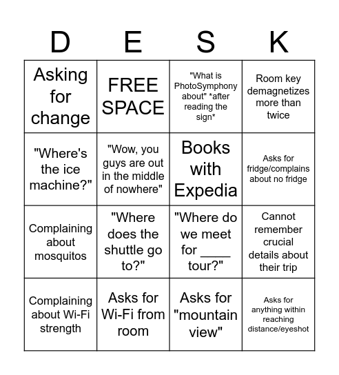 Front Desk Bingo Card