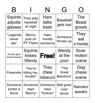 The Sandlot Bingo Card