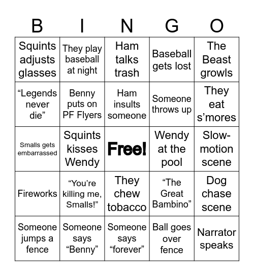 The Sandlot Bingo Card