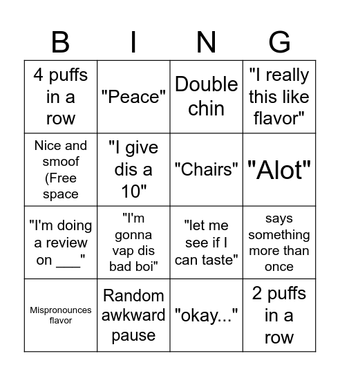 Teresa Vape  Review Bingo Card