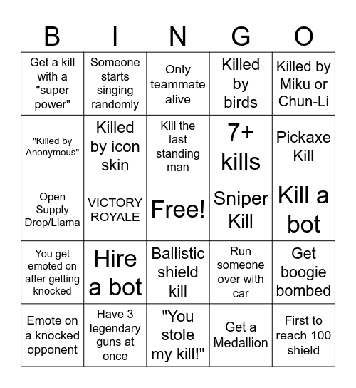 Fortnite Bingo! Bingo Card