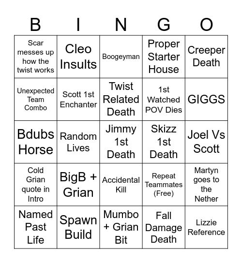 Life Season 7, Session 1 Bingo Card