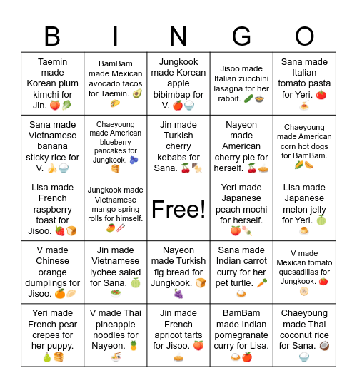 B12 L18 Foods Bingo Card