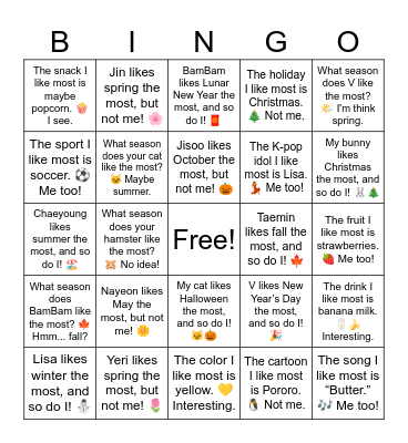 B7 L11 What season does Jisoo like the most? ☀️ Maybe summer. Bingo Card