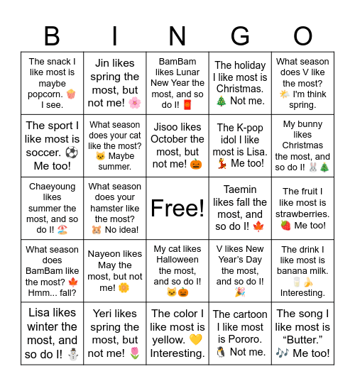 B7 L11 What season does Jisoo like the most? ☀️ Maybe summer. Bingo Card