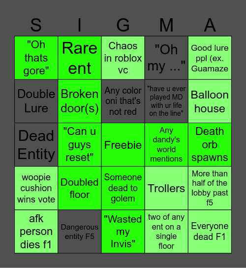 Minus Decendence Bingo Card