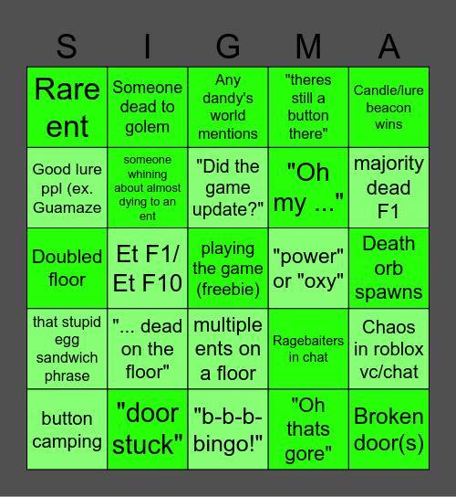 Minus Decendence Bingo Card