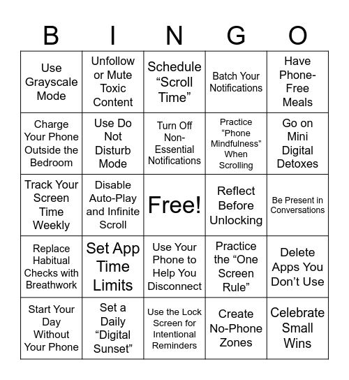 Mindful Mobile Use Bingo Card