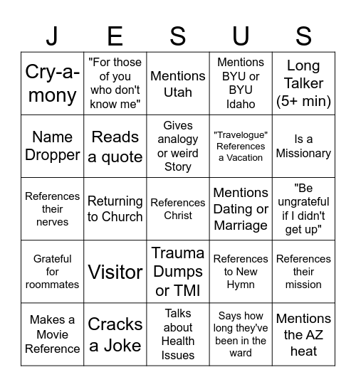 AZ YSA Testimony Meeting 2025 Bingo Card