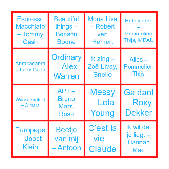 Muziek Bingo Card