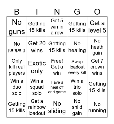 Fortnite blitz Bingo Card