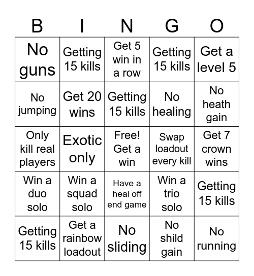 Fortnite blitz Bingo Card