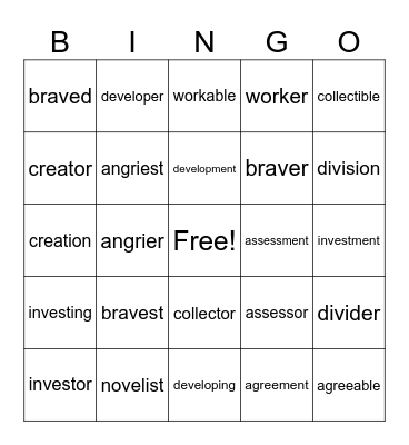 Suffix Bingo Card