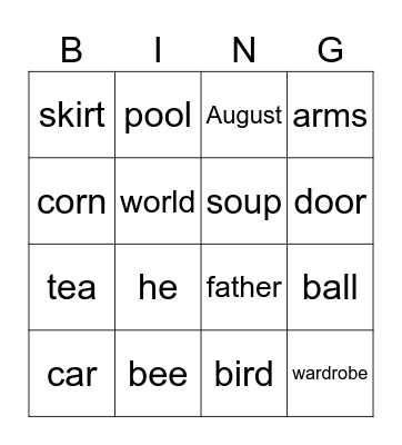 long vowels Bingo Card