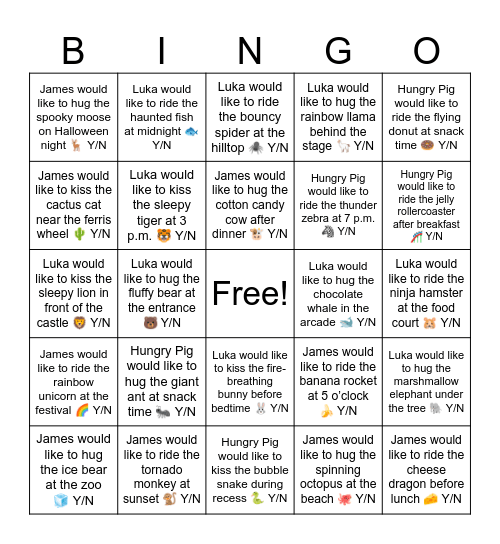 James would like to ride the cheese dragon before lunch 🧀 Y/N Bingo Card
