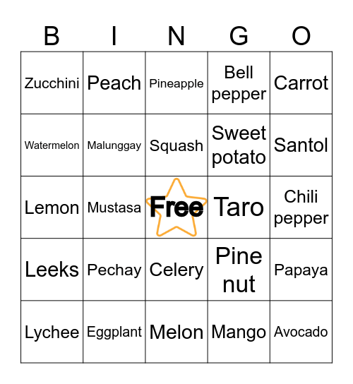 N     U     T     R      I Bingo Card