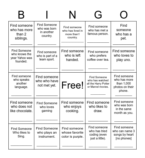 Find Someone Who Bingo Card