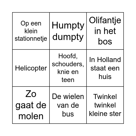 Kinderliedjes van vroeger 2 Bingo Card