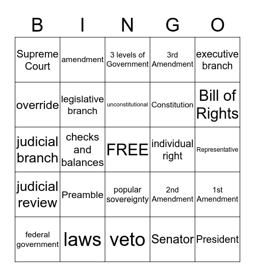 Social Studies Unit 5: Government Bingo Card