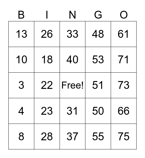 Number Bingo 1-75 Bingo Card