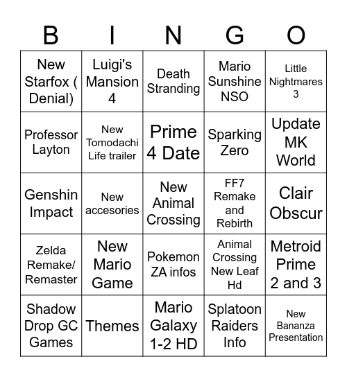 Nintendo Direct July Bingo Card