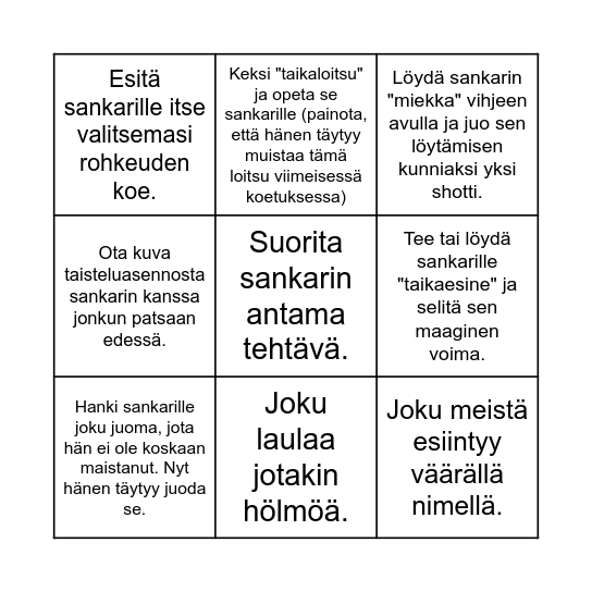 Tiian bingo - Suorita kaikki bingotehtävät juhlasankarin kunniaksi! Ensimmäinen, joka suorittaa kaikki tehtävänsä, palkitaan ruhtinaallisesti! Bingo Card