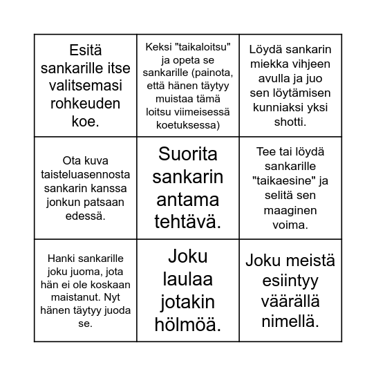Tiian bingo - Suorita kaikki bingotehtävät juhlasankarin kunniaksi! Ensimmäinen, joka suorittaa kaikki tehtävänsä, palkitaan ruhtinaallisesti! Bingo Card