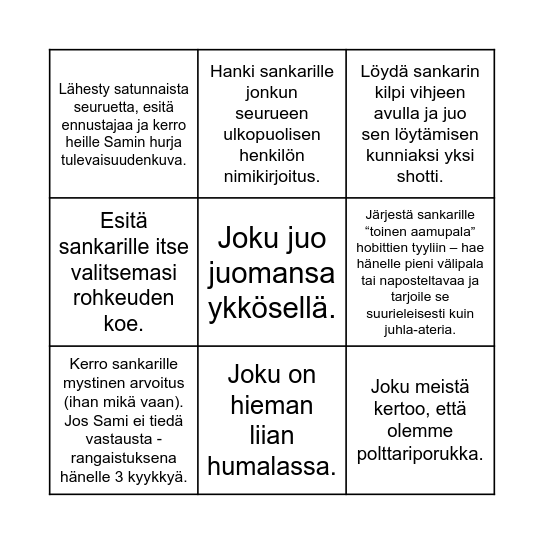 Hennan bingo - Suorita kaikki bingotehtävät juhlasankarin kunniaksi! Ensimmäinen, joka suorittaa kaikki tehtävänsä, palkitaan ruhtinaallisesti! Bingo Card