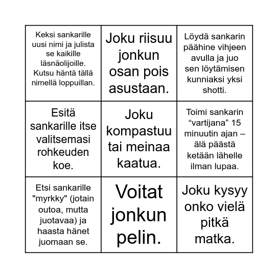 Juhanin bingo - Suorita kaikki bingotehtävät juhlasankarin kunniaksi! Ensimmäinen, joka suorittaa kaikki tehtävänsä, palkitaan ruhtinaallisesti! Bingo Card
