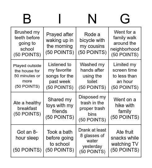 A HEALTHY ME Bingo Card