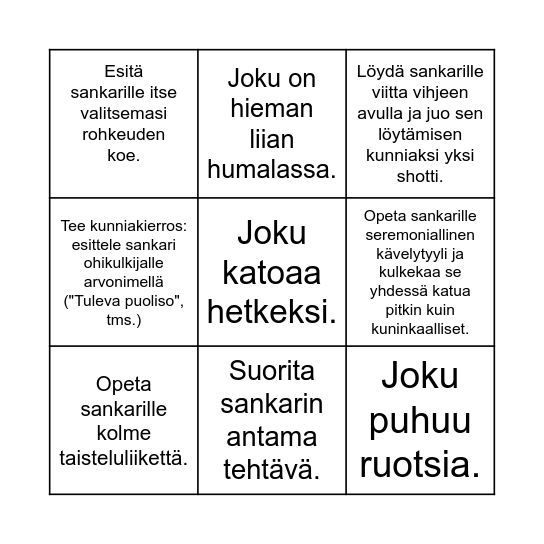 Juhan bingo - Suorita kaikki bingotehtävät juhlasankarin kunniaksi! Ensimmäinen, joka suorittaa kaikki tehtävänsä, palkitaan ruhtinaallisesti! Bingo Card
