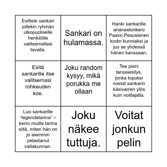 Hannan bingo - Suorita kaikki bingotehtävät juhlasankarin kunniaksi! Ensimmäinen, joka suorittaa kaikki tehtävänsä, palkitaan ruhtinaallisesti! Bingo Card