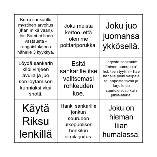 Hennan bingo - Suorita kaikki bingotehtävät juhlasankarin kunniaksi! Ensimmäinen, joka suorittaa kaikki tehtävänsä, palkitaan ruhtinaallisesti! Bingo Card