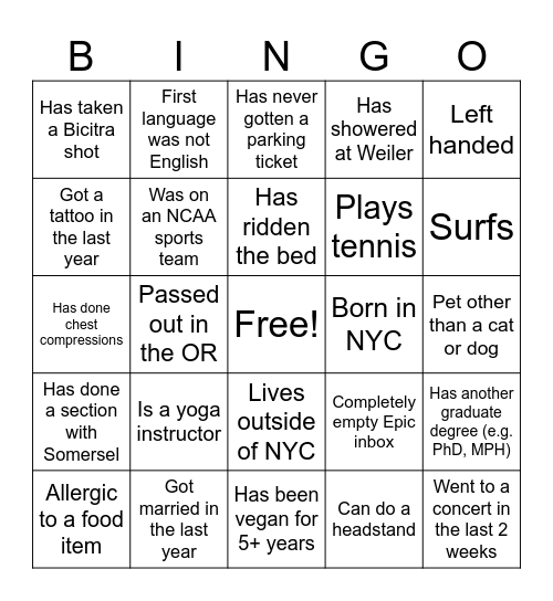 Icebreaker Bingo Card